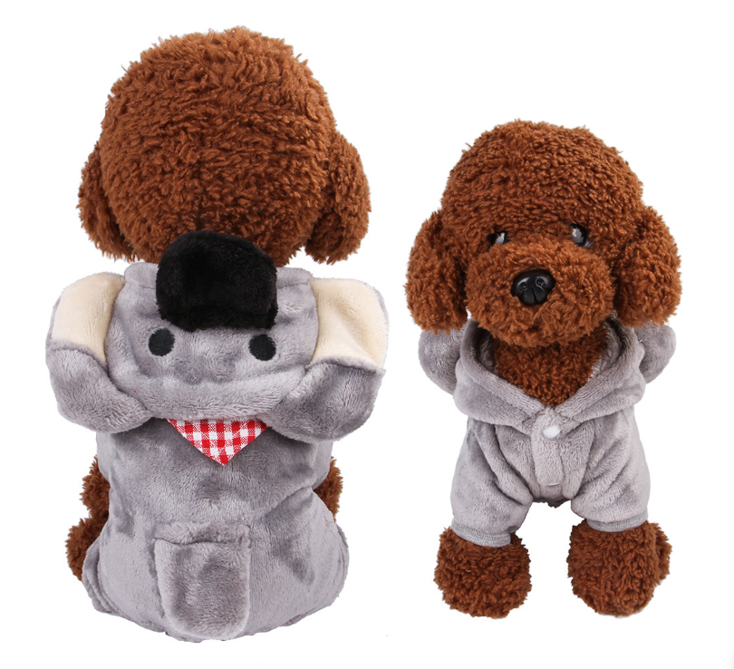 Two plush toys, one resembling a dog in a gray outfit with a checkered tie, and the other resembling a dog in a gray outfit.