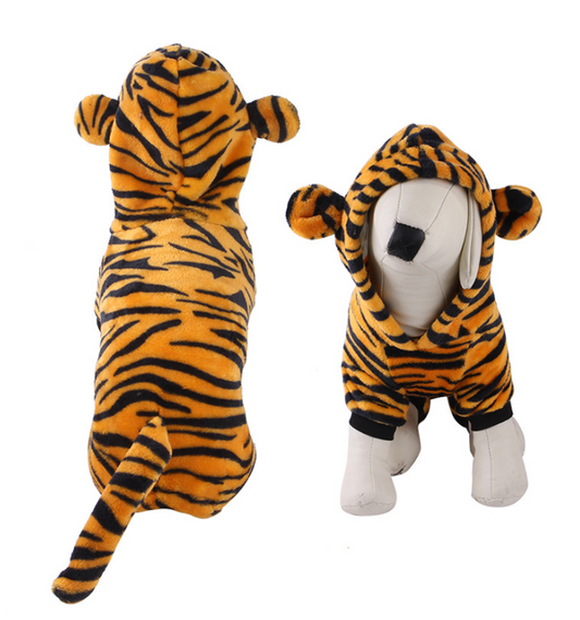 Tiger-striped pet outfit on a mannequin against a white background