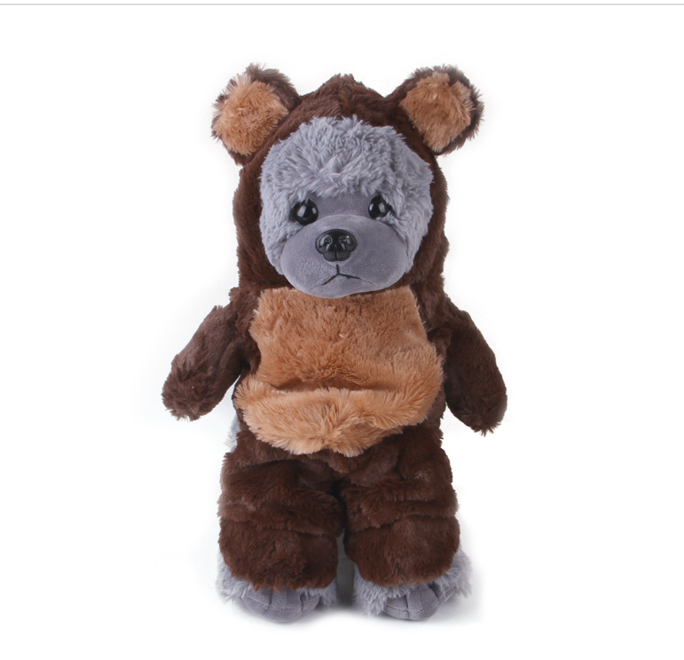 Plush toy bear with brown fur and gray face on a white background