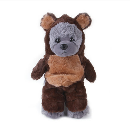 Plush toy bear with brown fur and gray face on a white background