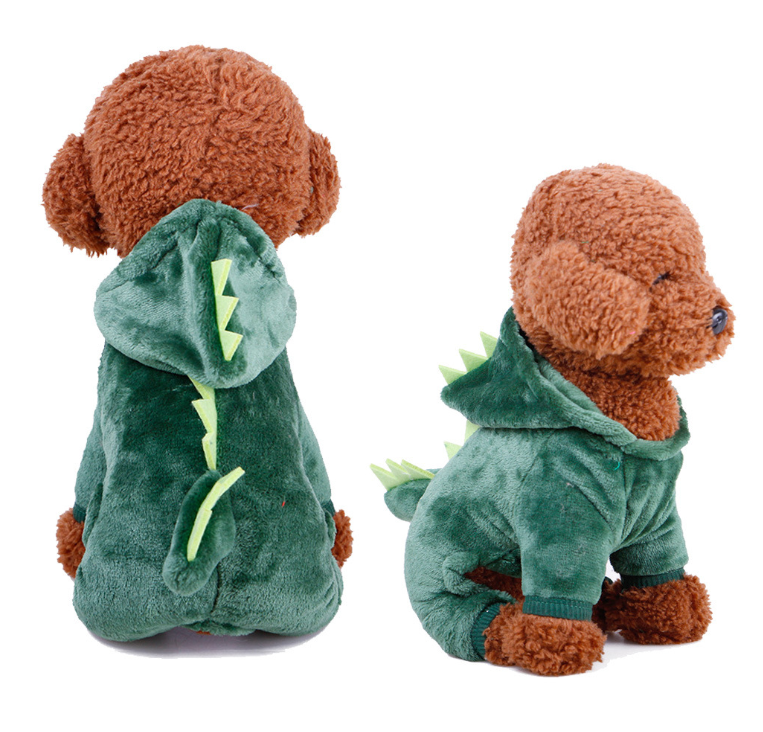 Dog toy with a green dinosaur costume on a white background