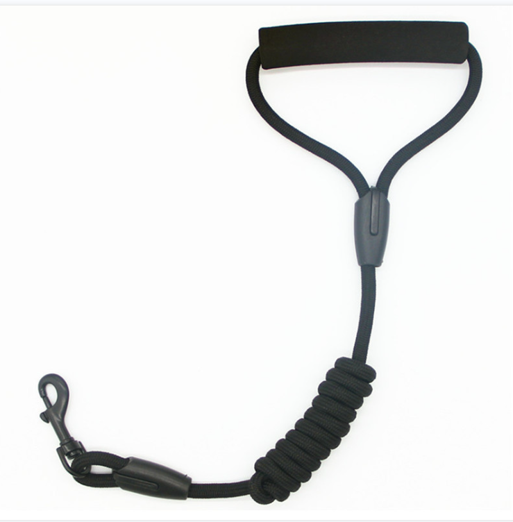 Black coiled lanyard with a clip on a white background