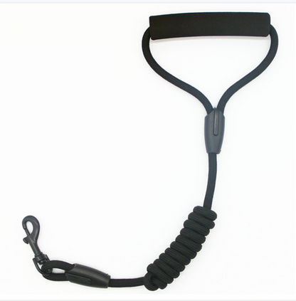 Black coiled lanyard with a clip on a white background