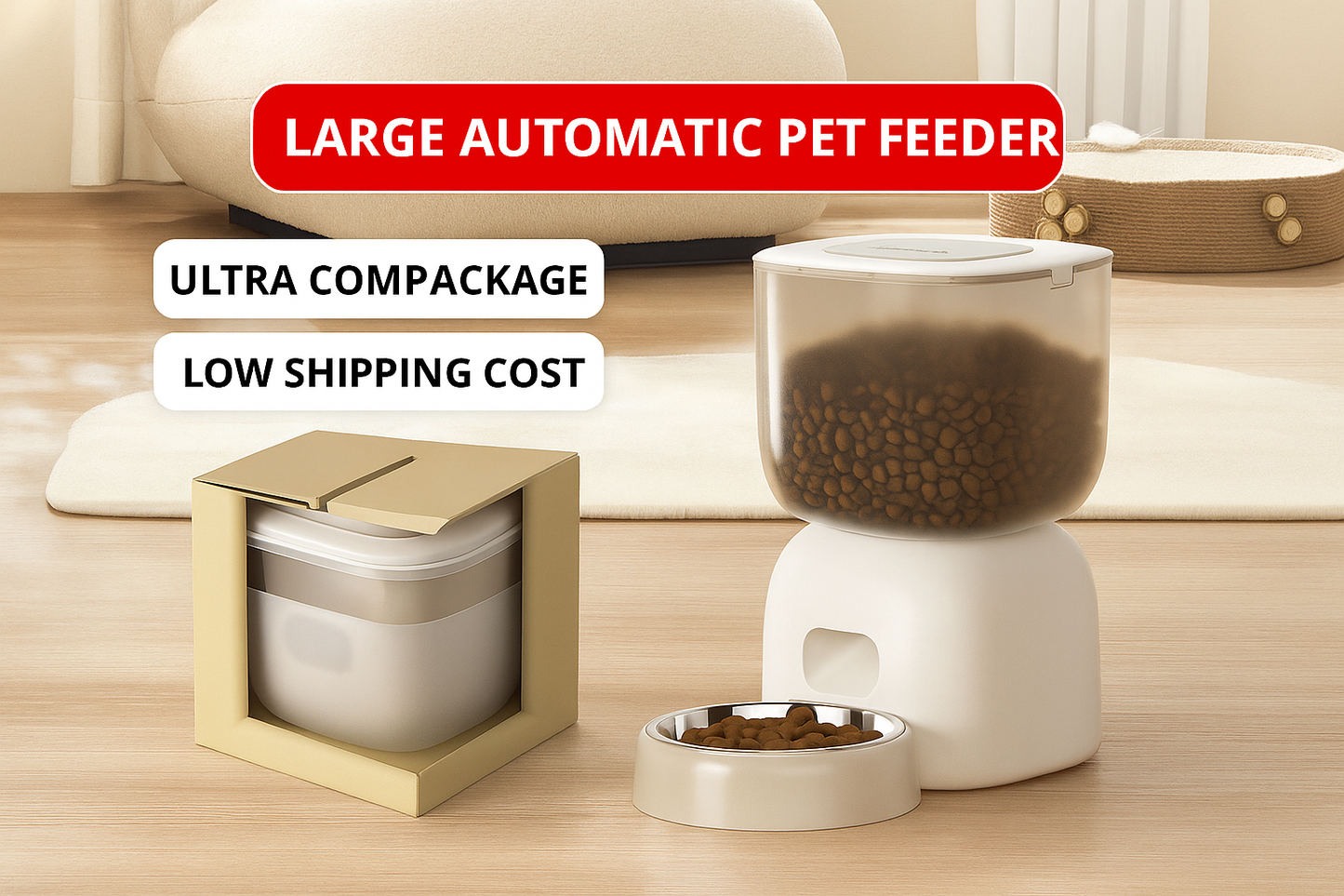 Large automatic pet feeder with packaging on a wooden surface