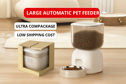 Large automatic pet feeder with packaging on a wooden surface